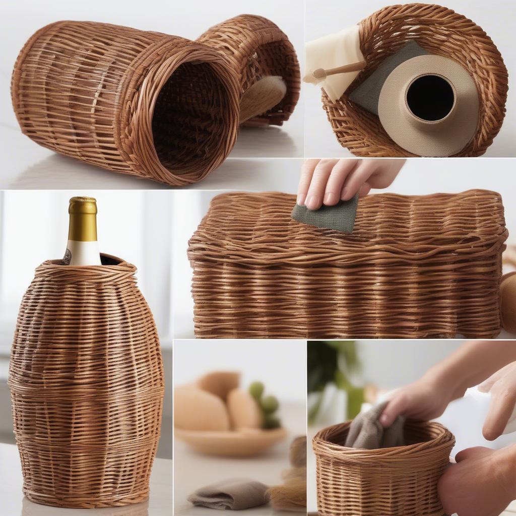 Cleaning a wicker wine bottle holder with a soft brush and mild detergent solution.