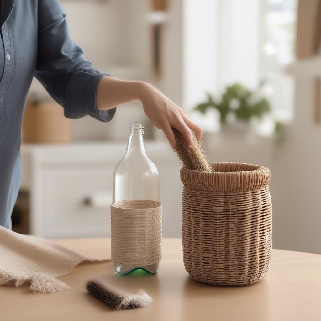 Cleaning a wicker wine bottle holder with a soft brush and damp cloth, ensuring its longevity and maintaining its appearance.