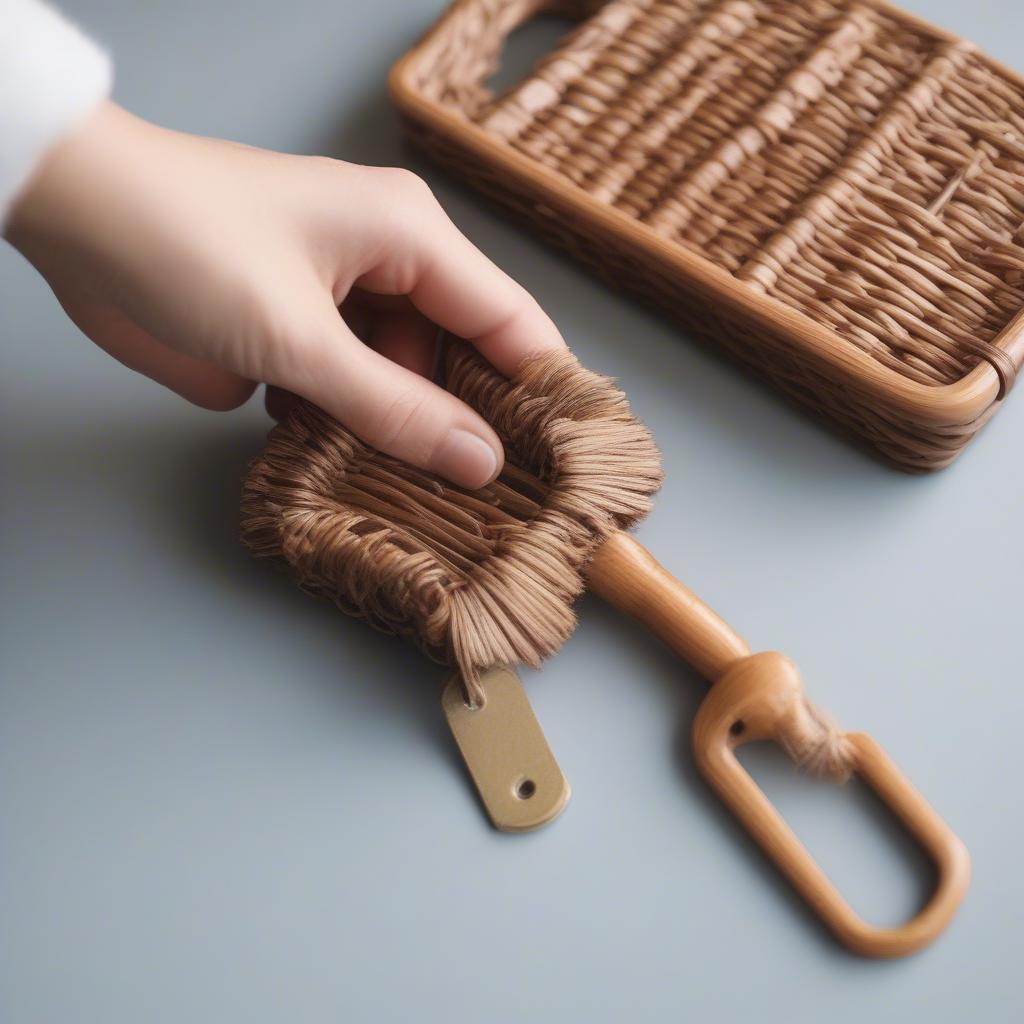 Cleaning a wood wicker letter key chain holder with a soft brush