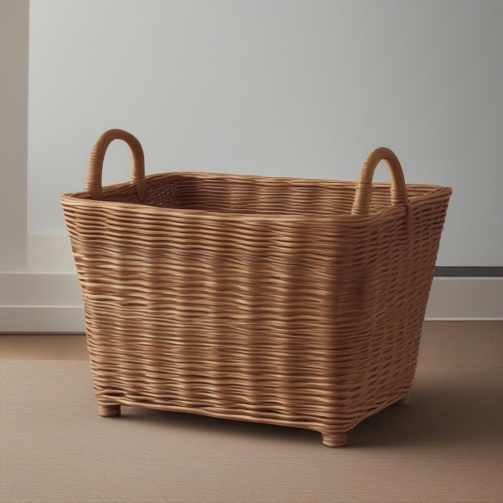 Close-up view of the wicker weave and the fabric liner inside a tall wicker storage basket.