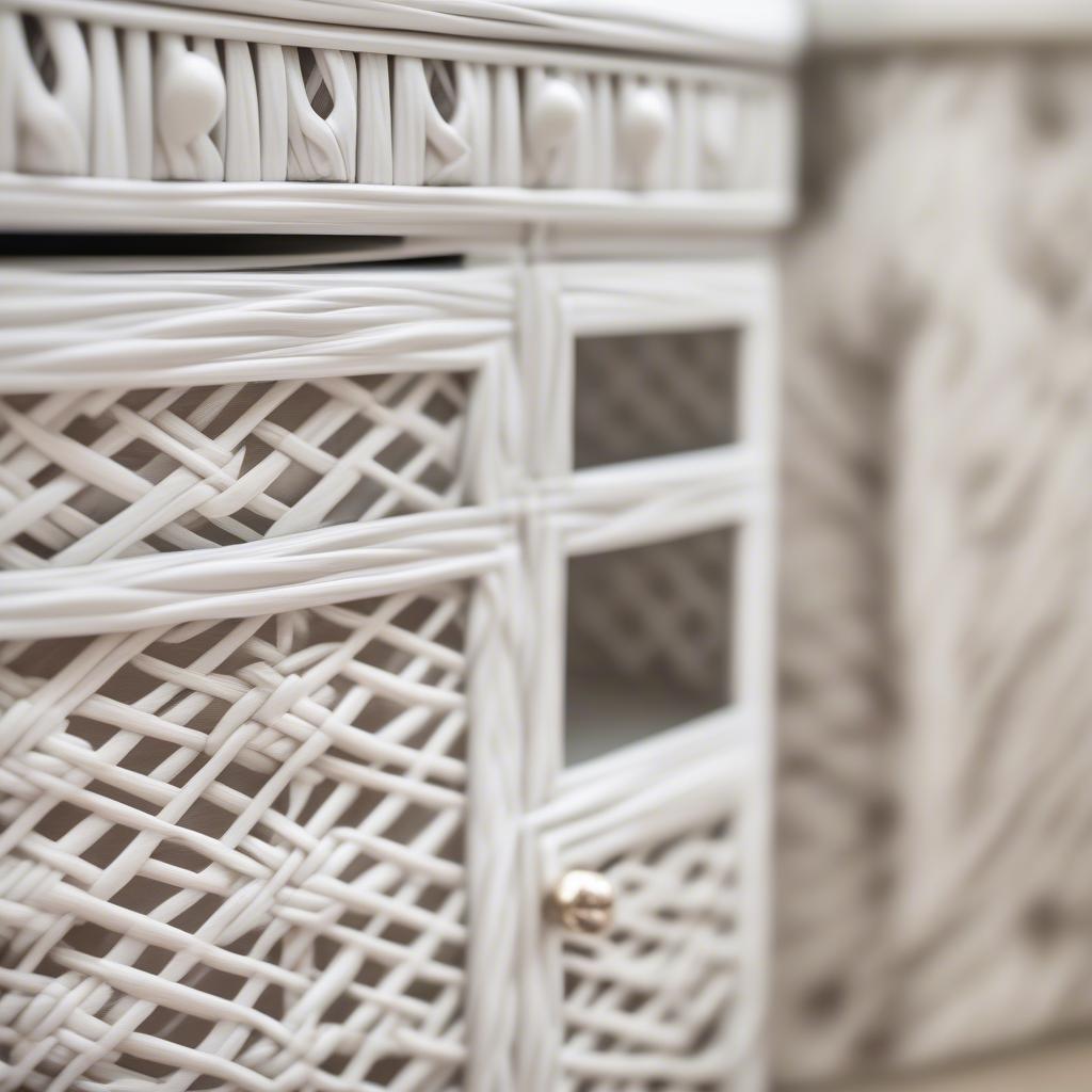 Close-up view of the intricate weave of a white wicker bathroom cabinet, emphasizing its texture and craftsmanship.