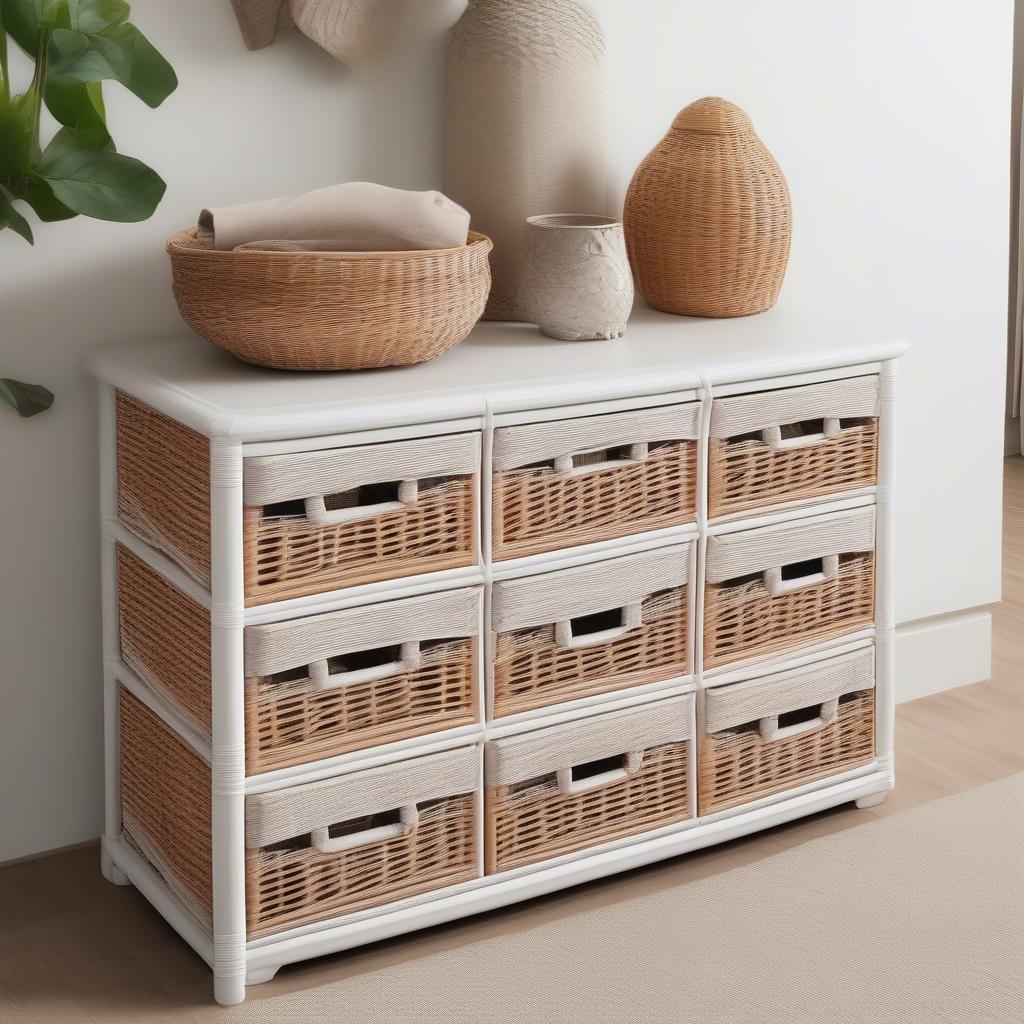 Close-up view of wicker drawers on a white cabinet