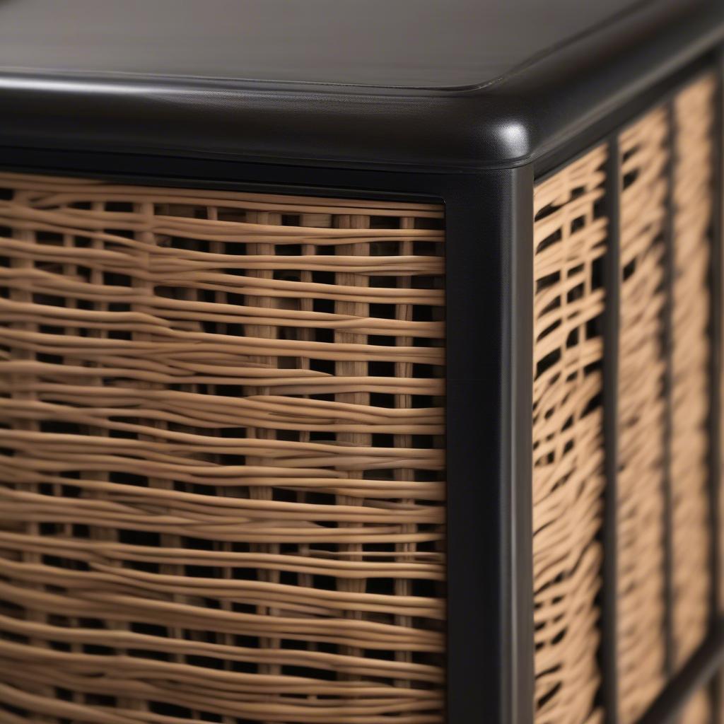 Close-up detail of the wicker weaving and iron frame of a cabinet