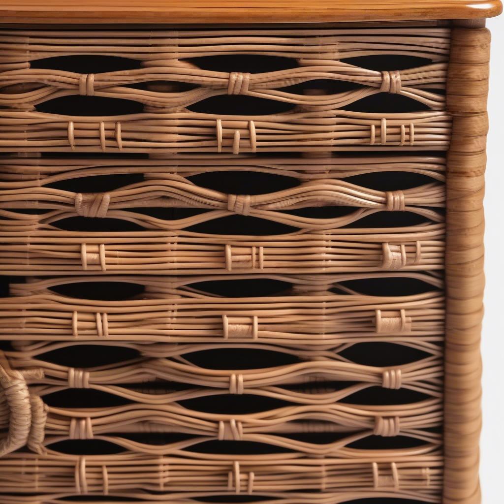 Close-up view of the wicker weave on a 5-drawer storage chest