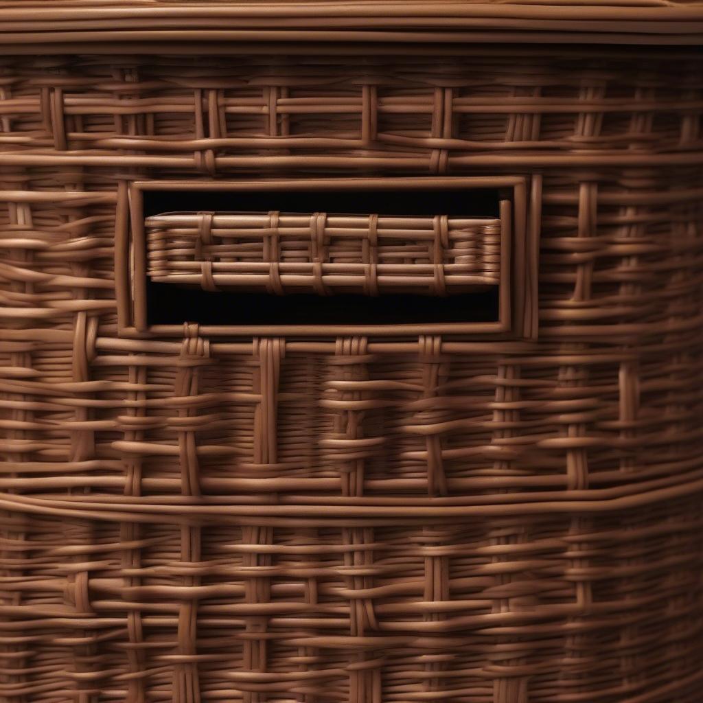 Close-up of the wicker weave on a brown storage chest