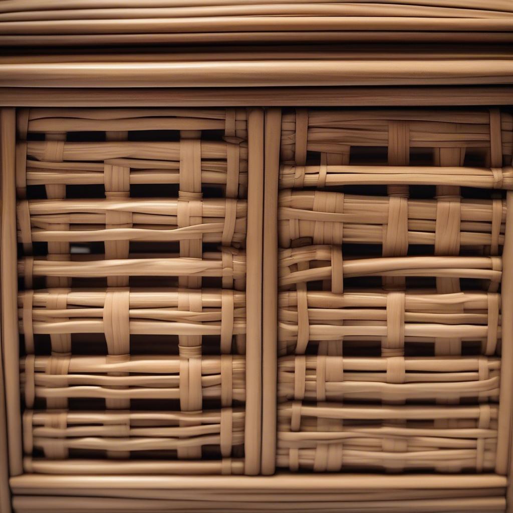 Close-up view of the wicker weave on a chest drawer