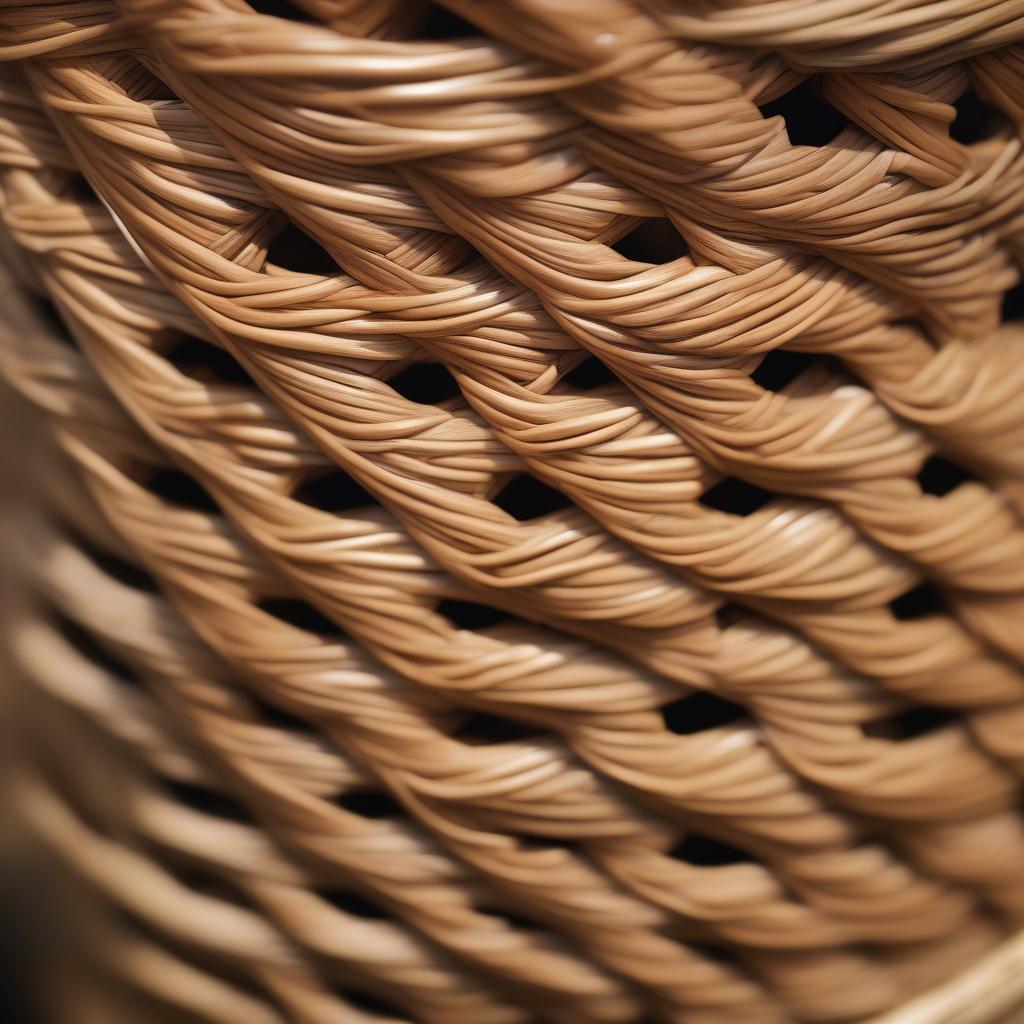 Close-up view of the intricate wicker weave of a fishing basket