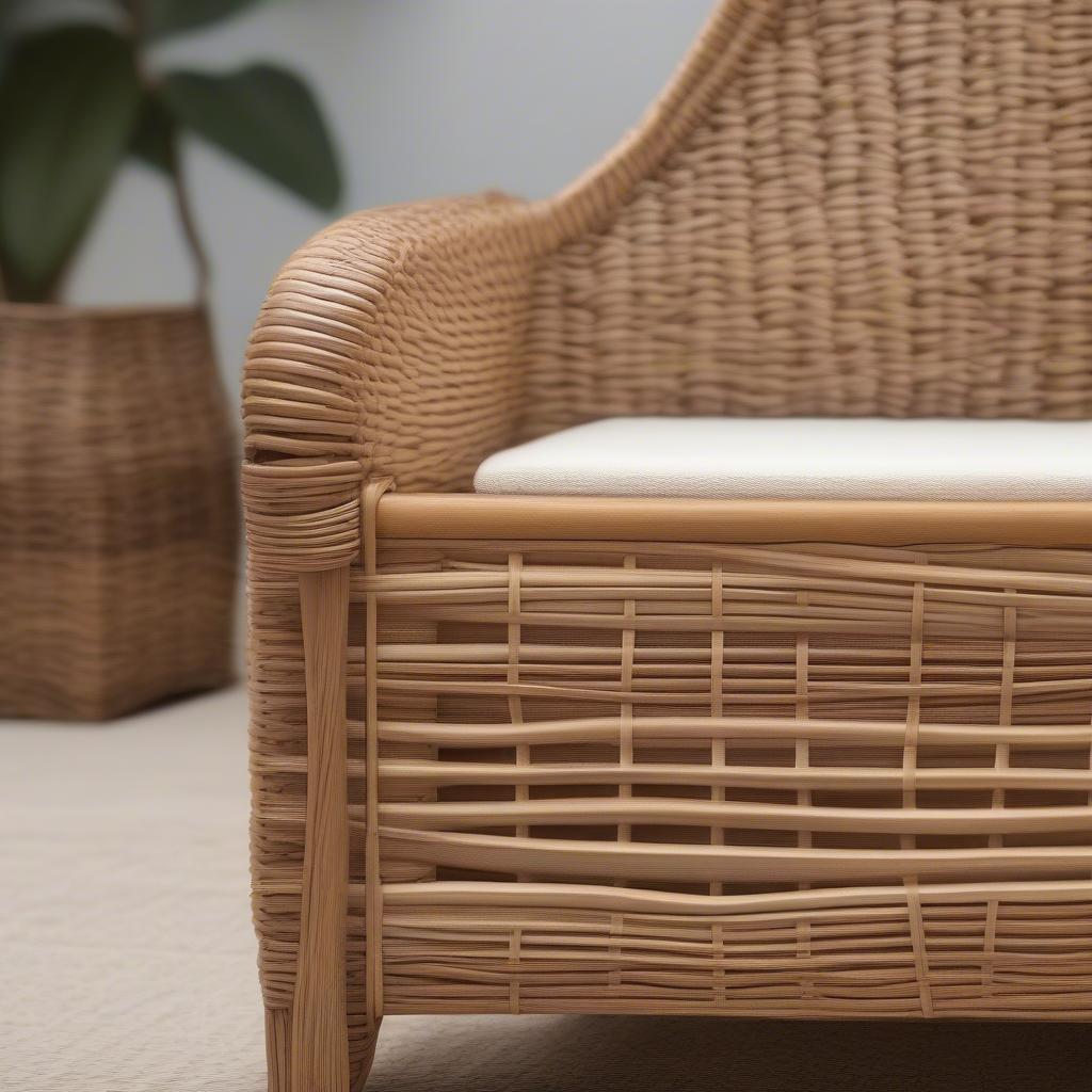 Close-up view of the wicker weave on a storage bench