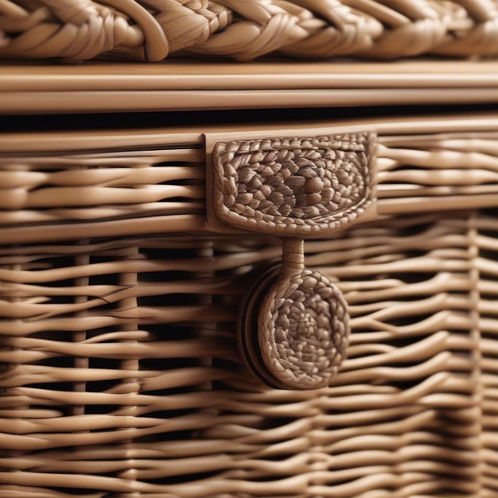 Close up view of the wicker weave on a storage chest