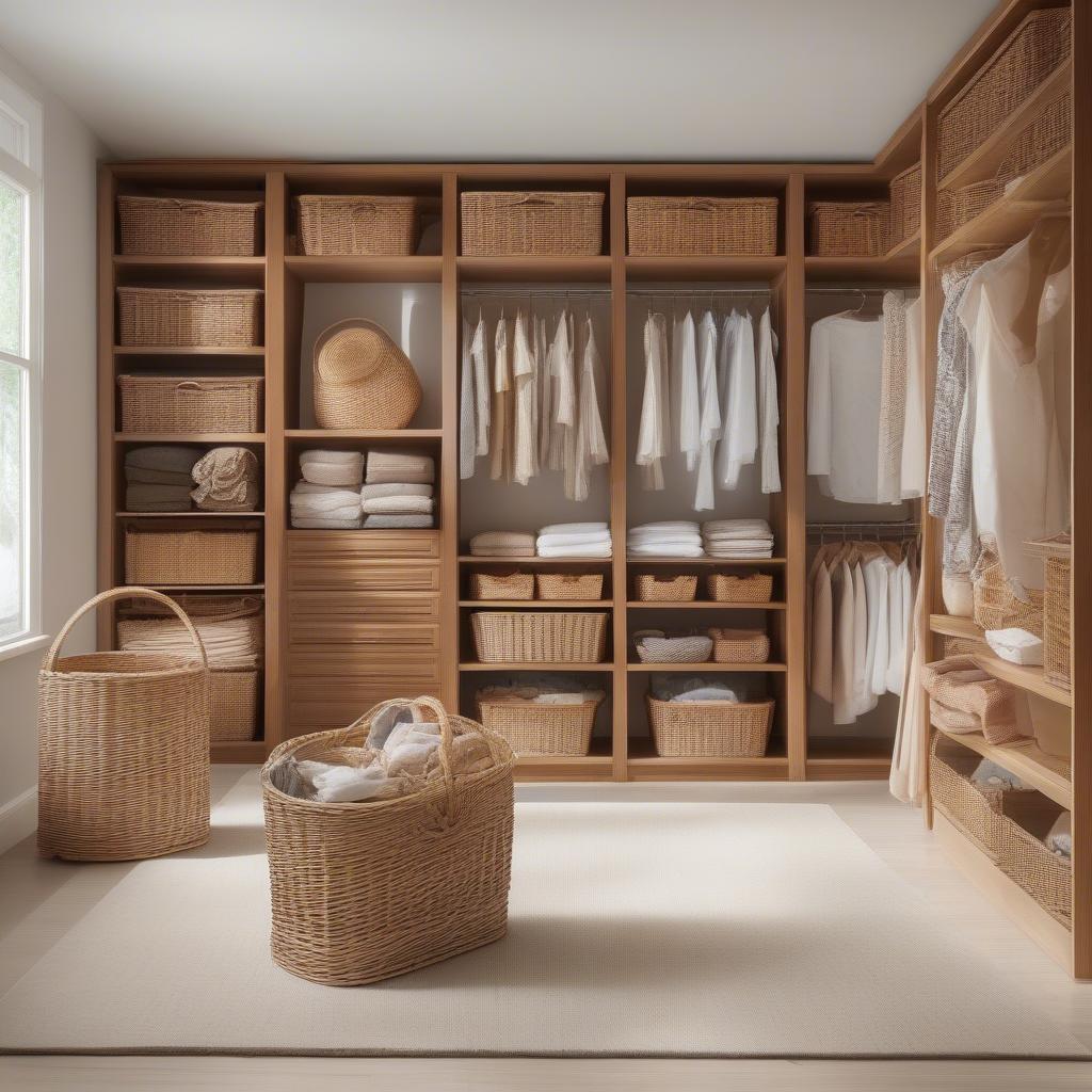 Organized Closet with Wicker Baskets