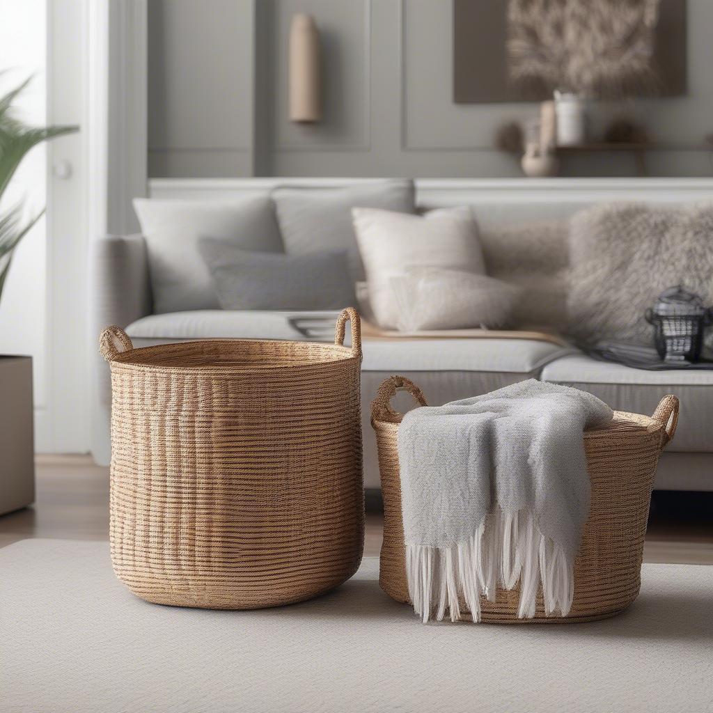 Collapsible Resin Wicker Basket in Living Room Setting