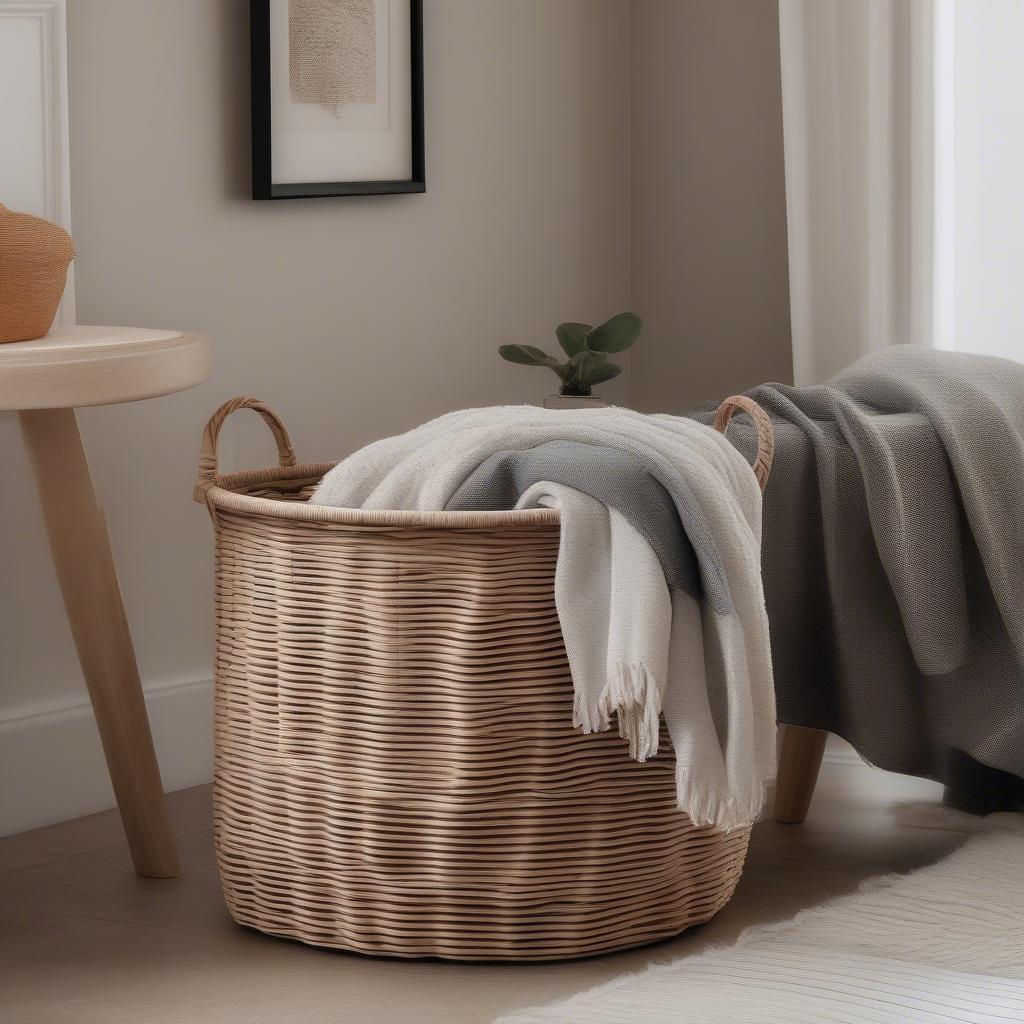 Collapsible wicker storage basket in a living room setting