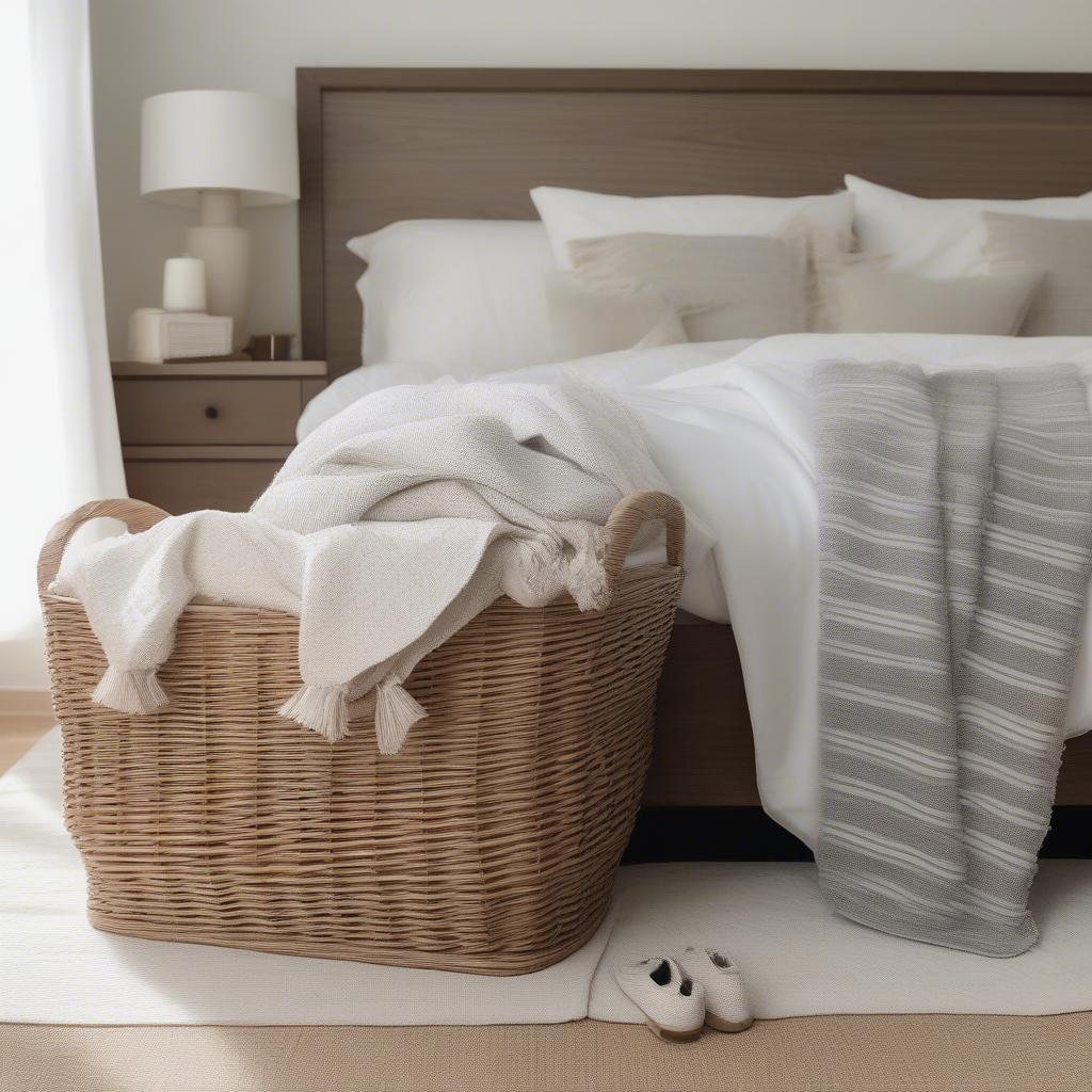 Collin gray wicker storage basket used as a stylish storage solution in a bedroom setting.