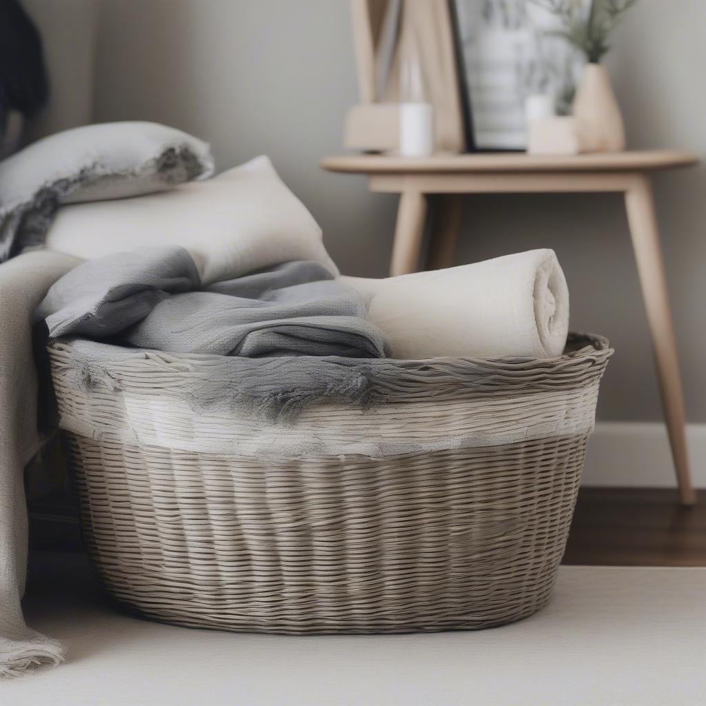 Collin gray wicker storage basket in a living room setting, showcasing its versatile design and functionality.