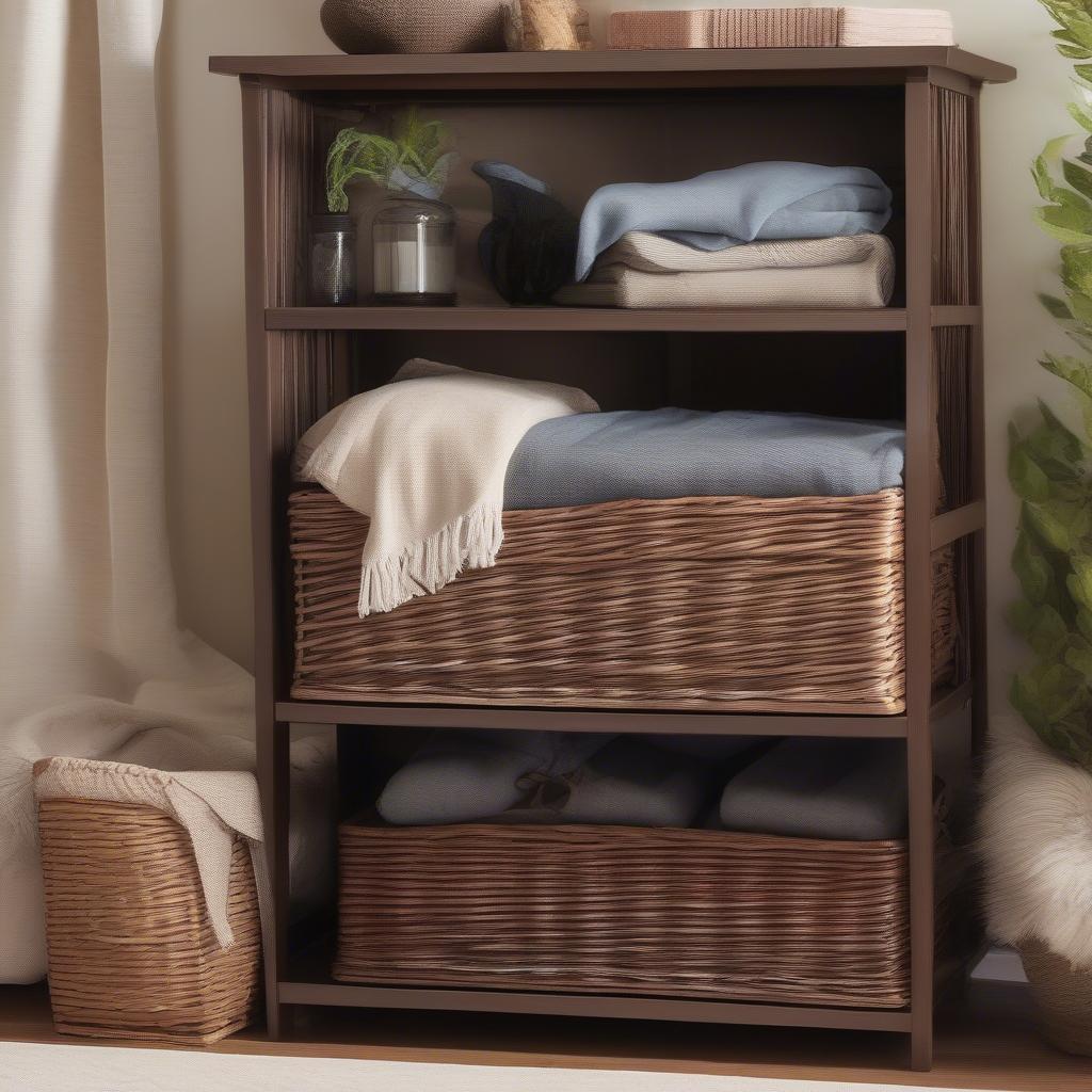 Collin Mocha Wicker Medium Shelf Storage Basket in Living Room