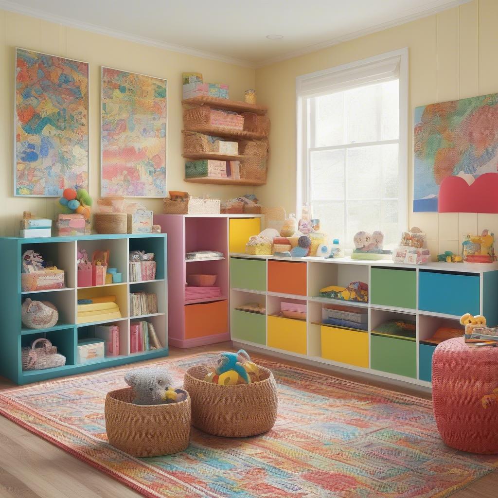 Colorful cube storage units with patterned wicker baskets in a vibrant children's room.