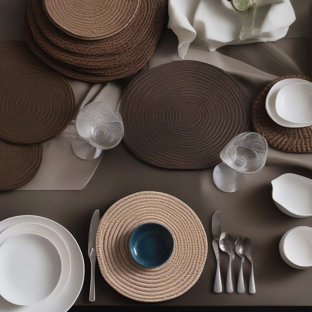 Comparing white and dark brown wicker placemats on a dining table.