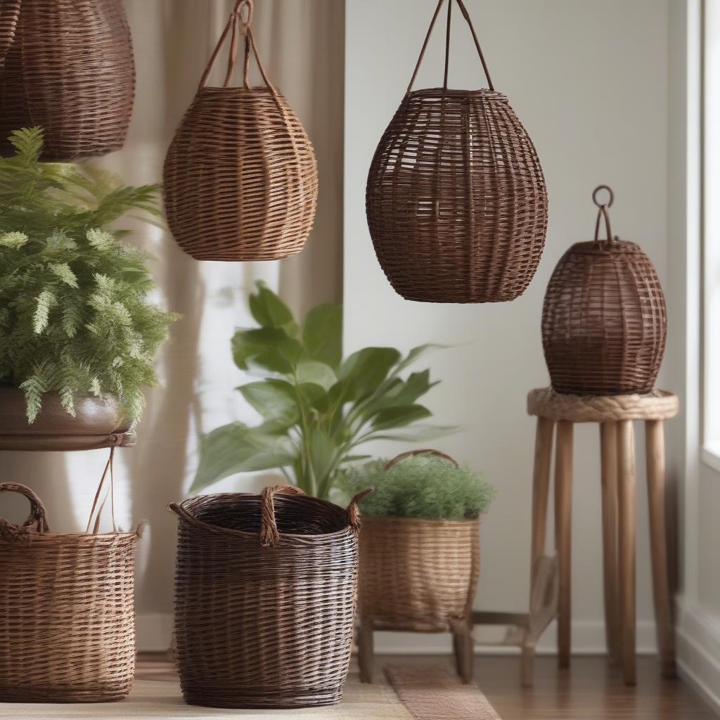 Variety of contemporary brown wicker plant holders showcasing different shapes and sizes