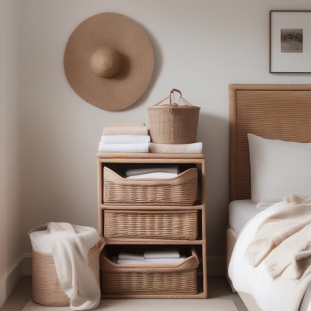 Corner wicker baskets in a bedroom setting