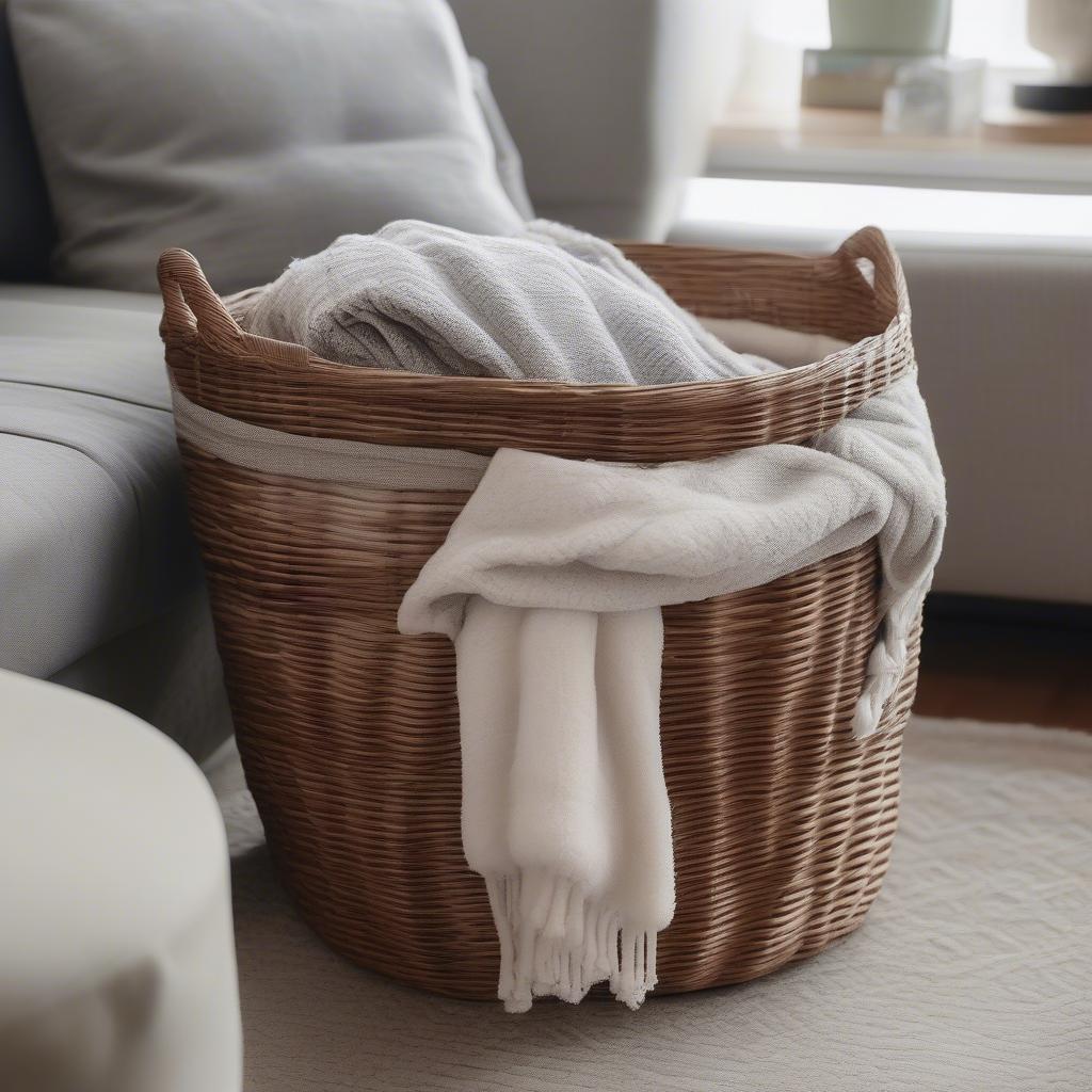 Corner wicker storage basket in a living room setting