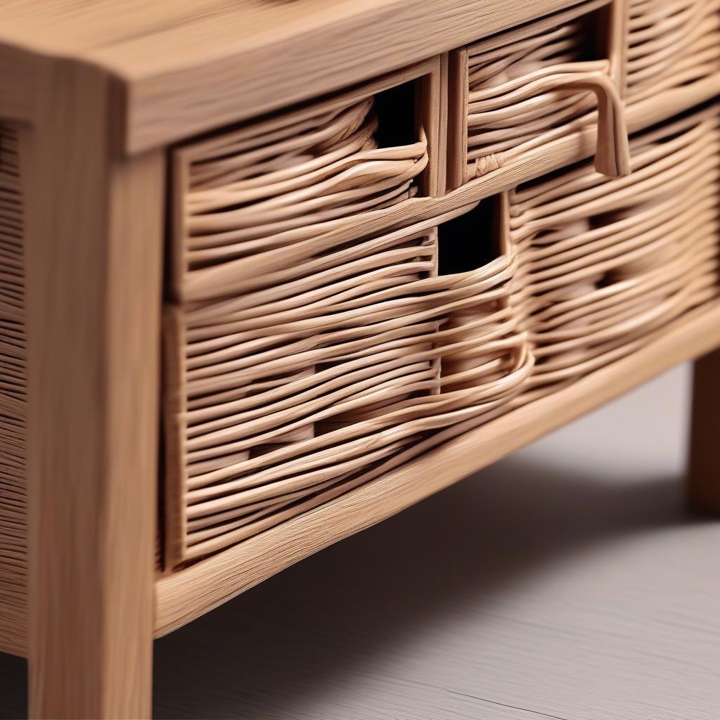 Close-up view of the Costway 3 Drawer Wicker Basket Storage Chest Rack, highlighting the intricate wicker weave and the smooth finish of the drawer pulls.