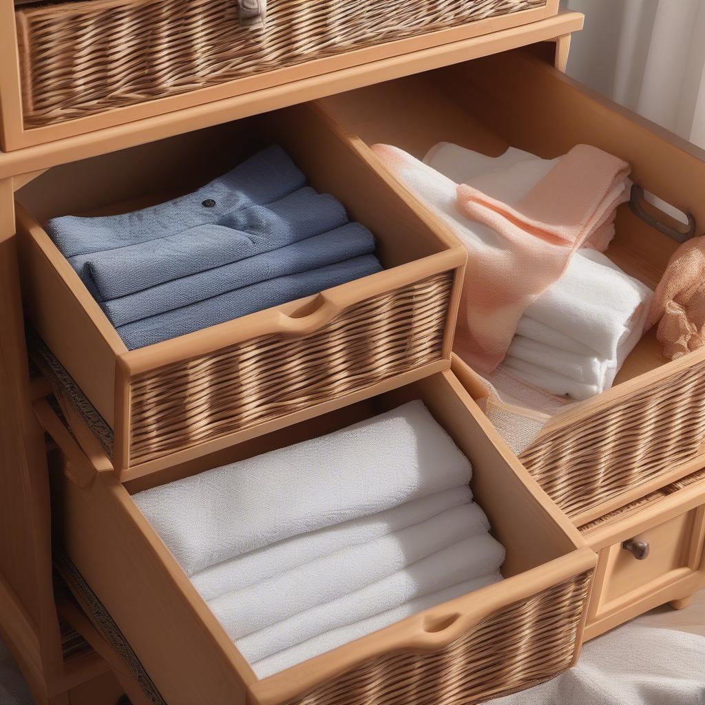 Open drawers of the Costway Wicker Storage Chest revealing neatly organized items such as folded clothes, towels, and books.