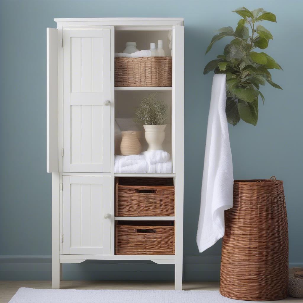 Cottage wicker utility cabinet in a bathroom setting