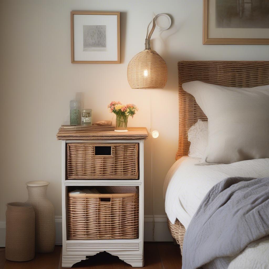 Cottage wicker utility cabinet used as a bedside table