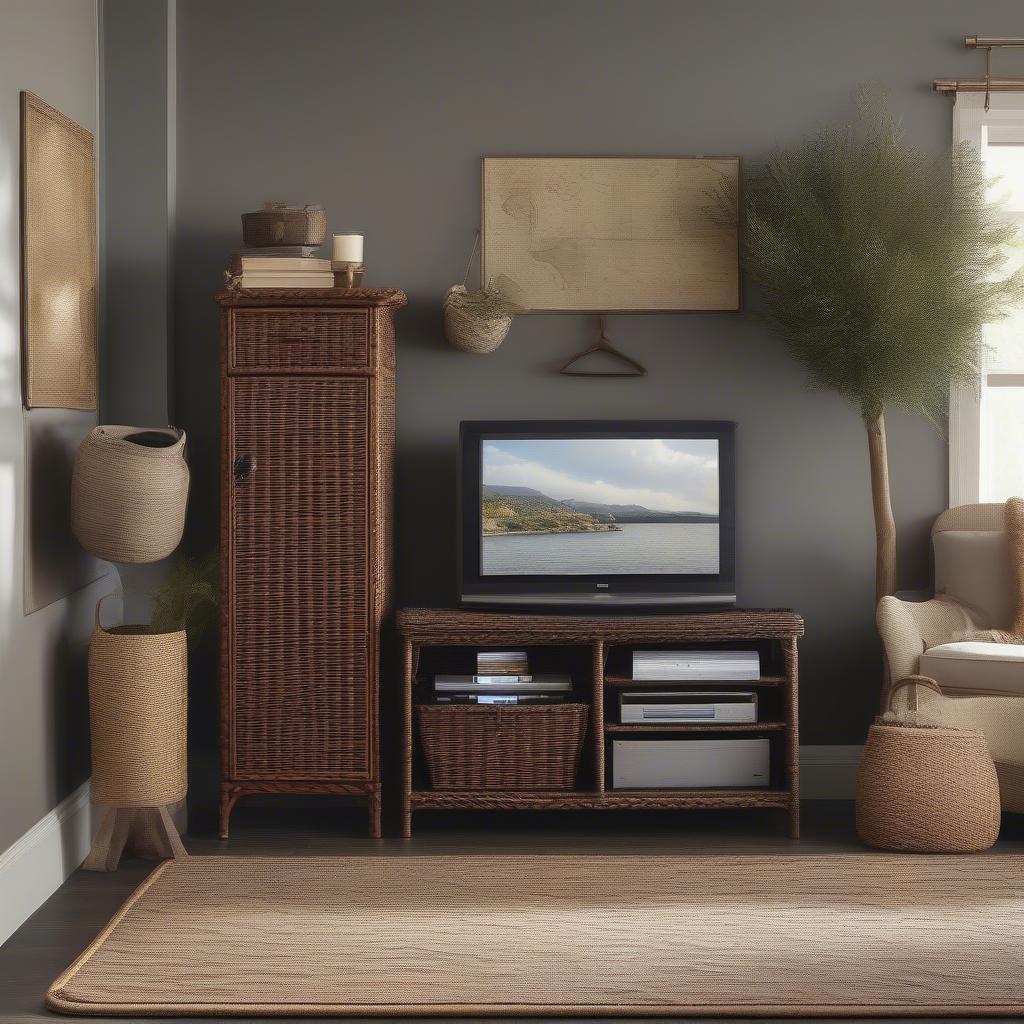 Cottage wicker utility cabinet styled in a living room