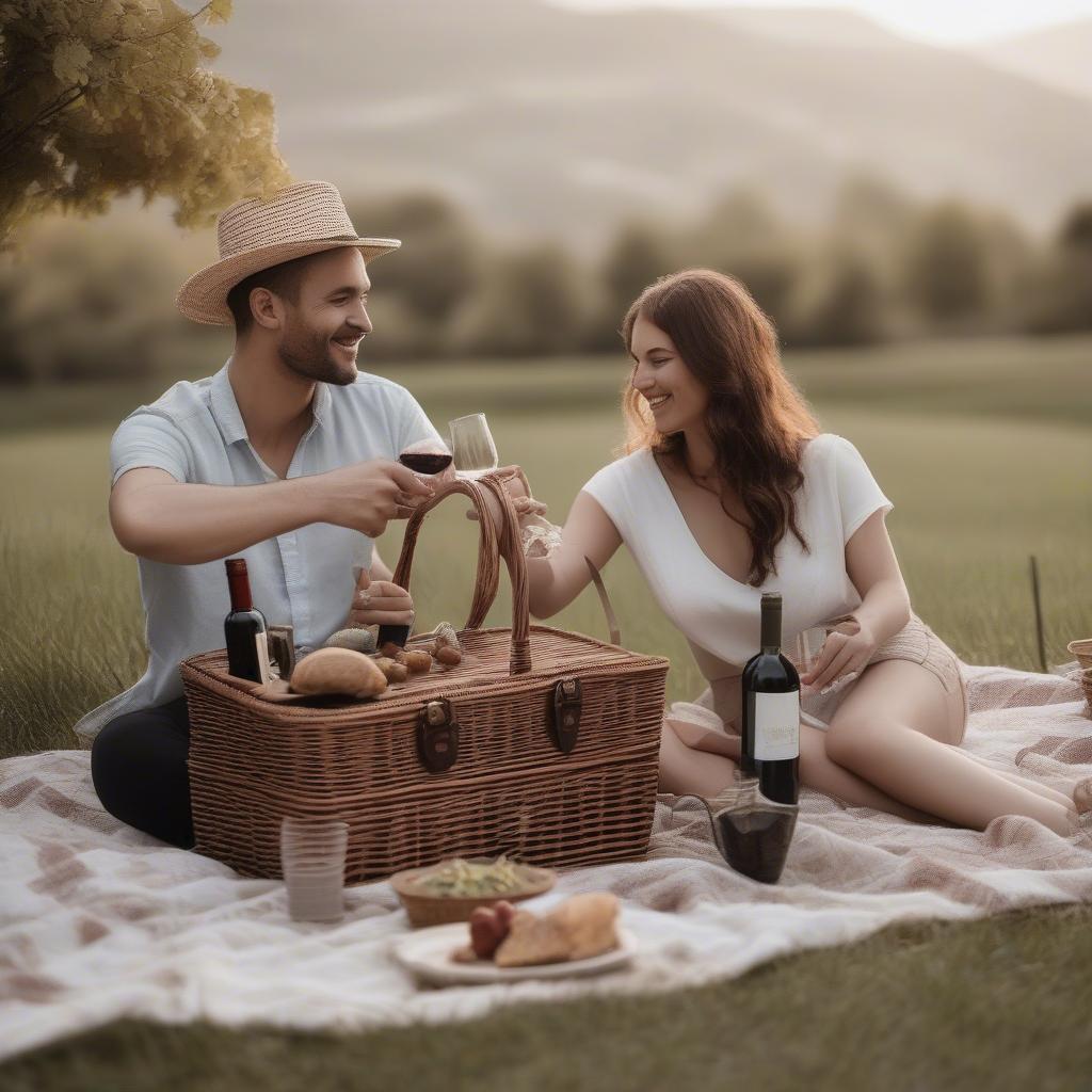 A couple enjoying wine from their wicker picnic basket with a dedicated wine bottle holder during a romantic picnic, highlighting the product's use case and appeal.