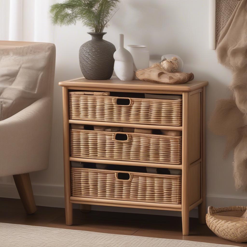 Crabbe Drawer Wicker Storage Cabinet in a Living Room Setting