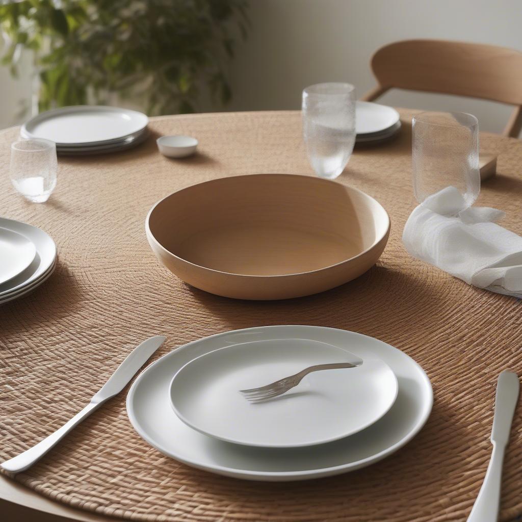 Round Crate and Barrel Wicker Placemats on a Dining Table