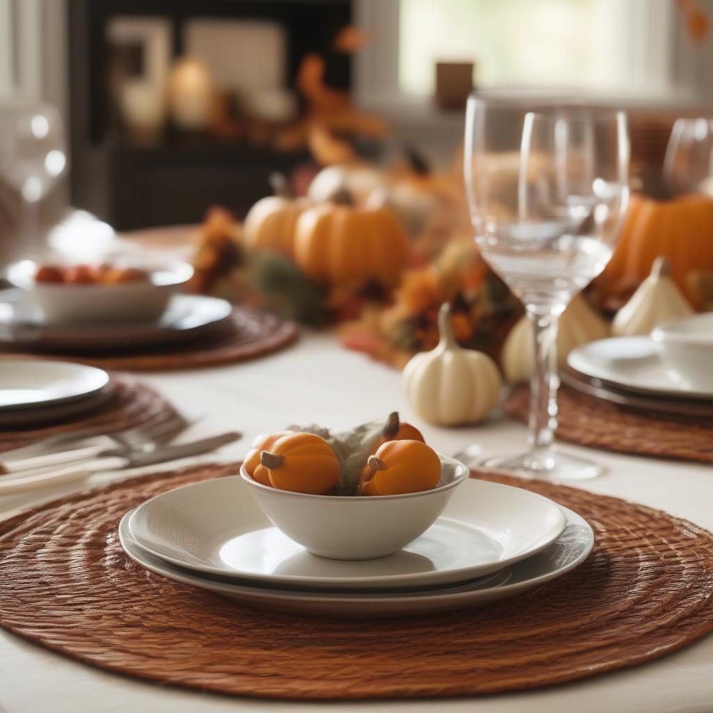 Crate and Barrel Wicker Placemats with Seasonal Decor