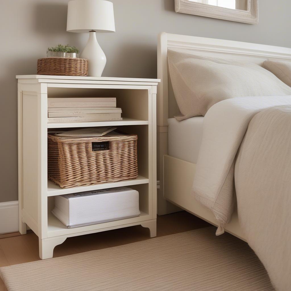 Cream Cabinet with Wicker Baskets in Bedroom Setting