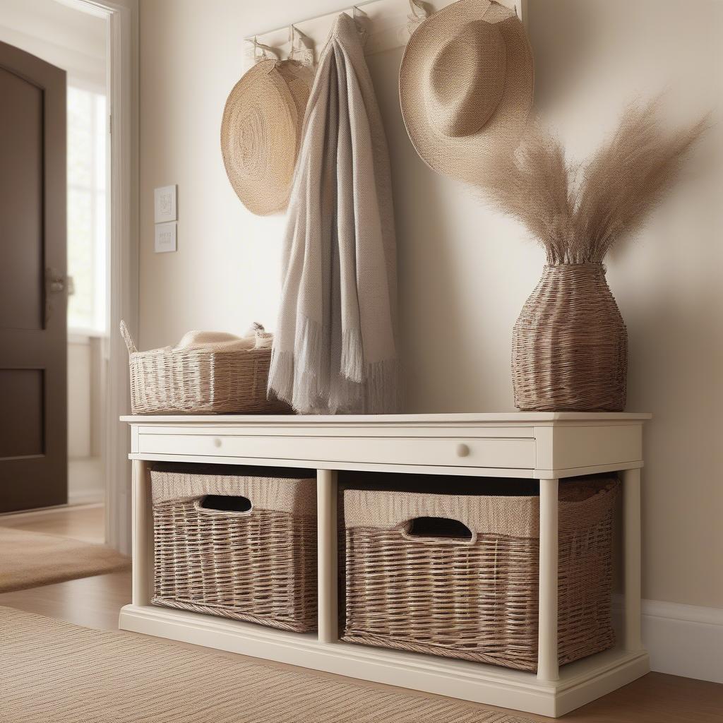 Cream Cabinet with Wicker Baskets in Hallway