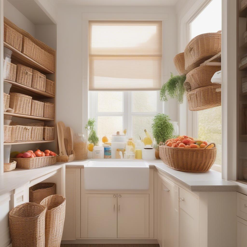 Cream Storage Unit with Wicker Baskets in a Kitchen