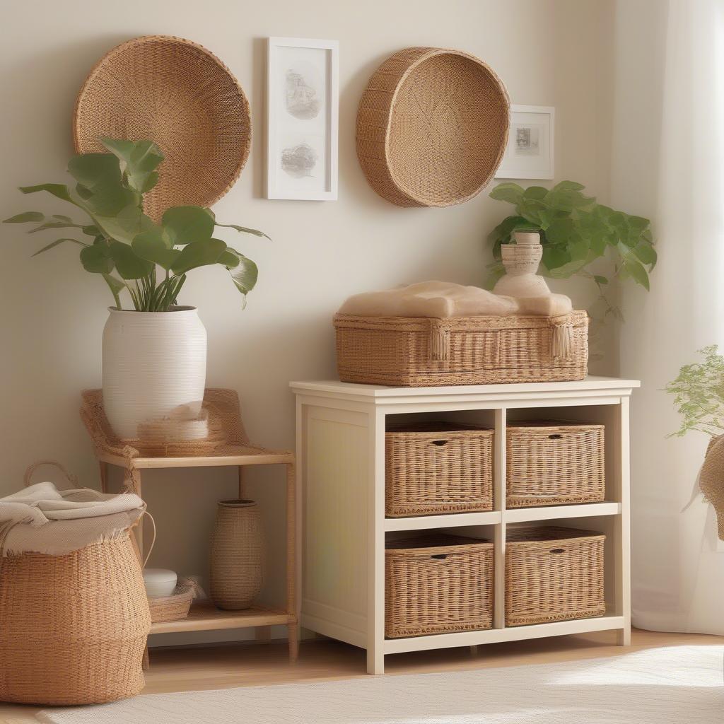 Cream Storage Unit with Wicker Baskets in a Living Room