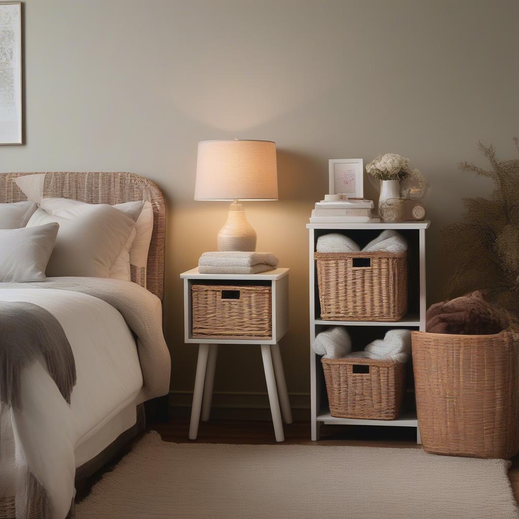 Cream Wicker Basket Storage Unit in a Bedroom