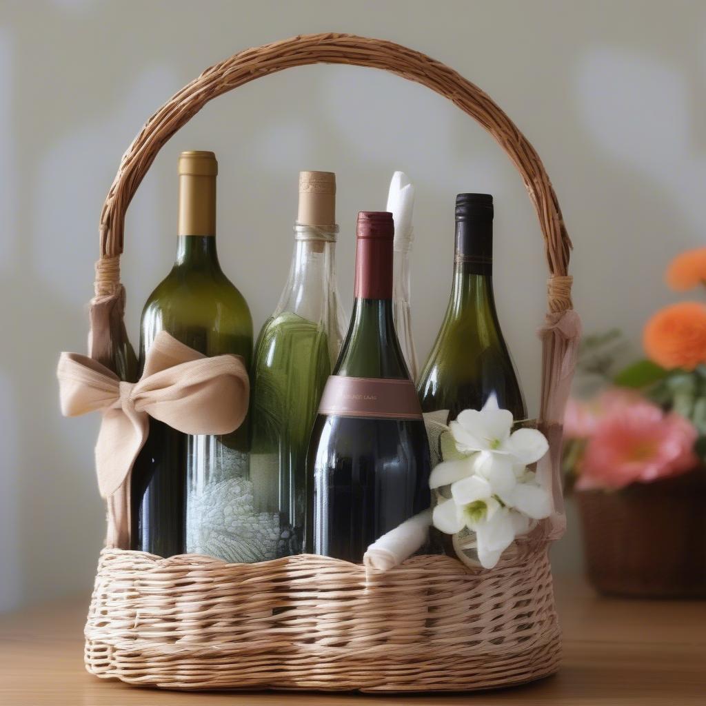 Using a wicker wine bottle holder to store water bottles, flower vases, or rolled-up towels.