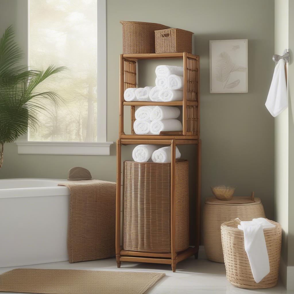 Crosley Palm Harbor Wicker Storage Bin in a Bathroom