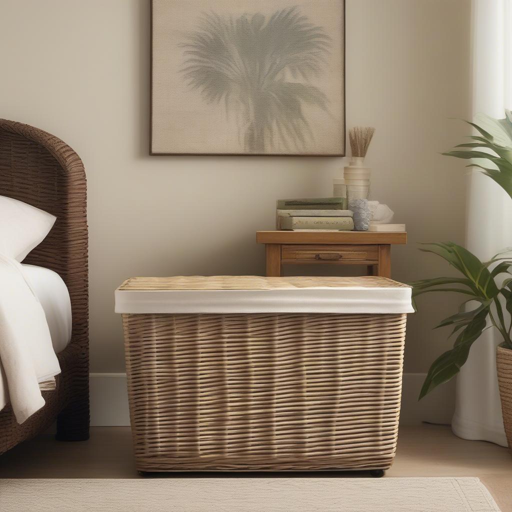 Crosley Palm Harbor Wicker Storage Bin in a Bedroom