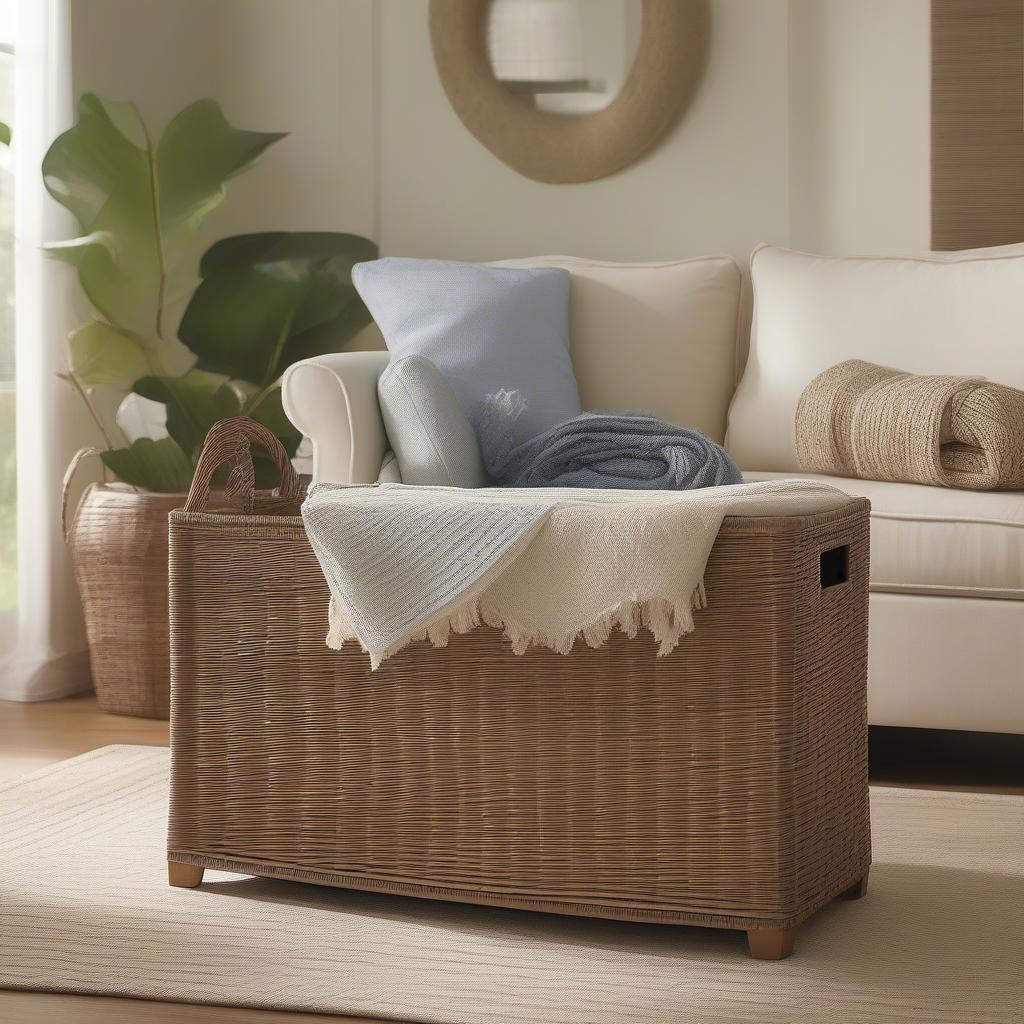 Crosley Palm Harbor Wicker Storage Bin in a Living Room Setting