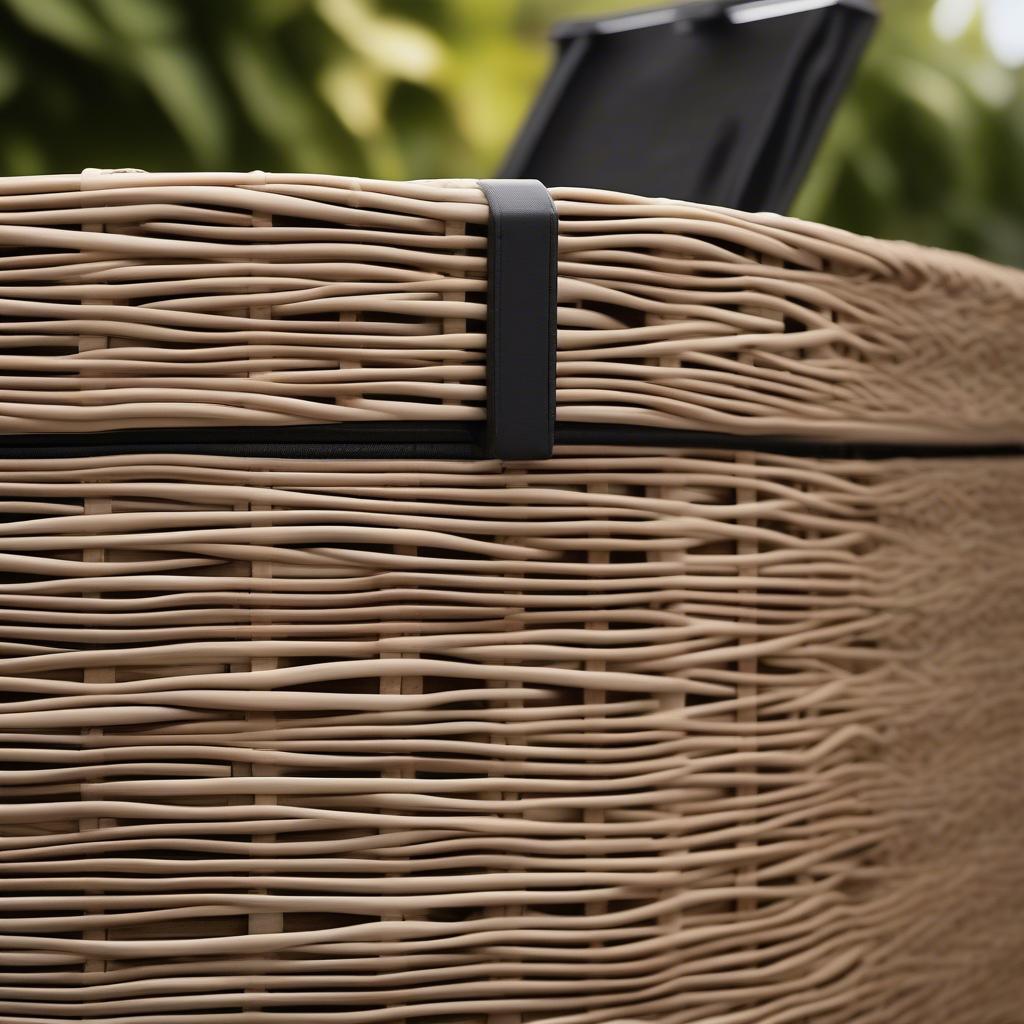 Close-up view of the wicker weave and construction of the Crosley storage unit