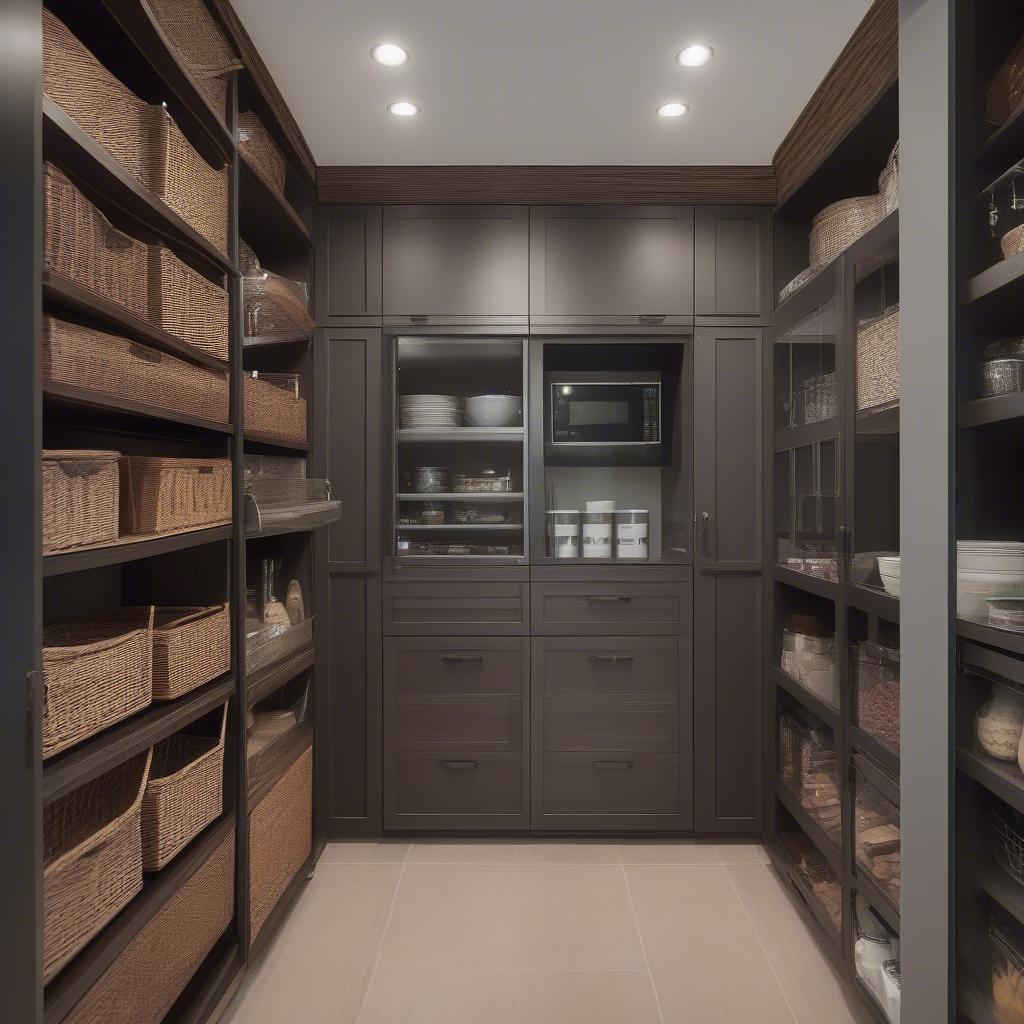 Custom-built storage doors with wicker baskets in a kitchen pantry