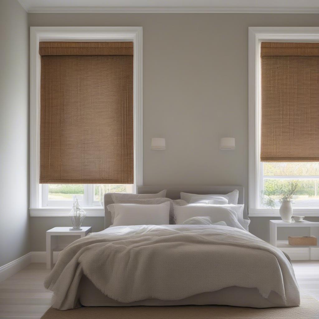 Custom wicker blinds offering privacy in a bedroom.