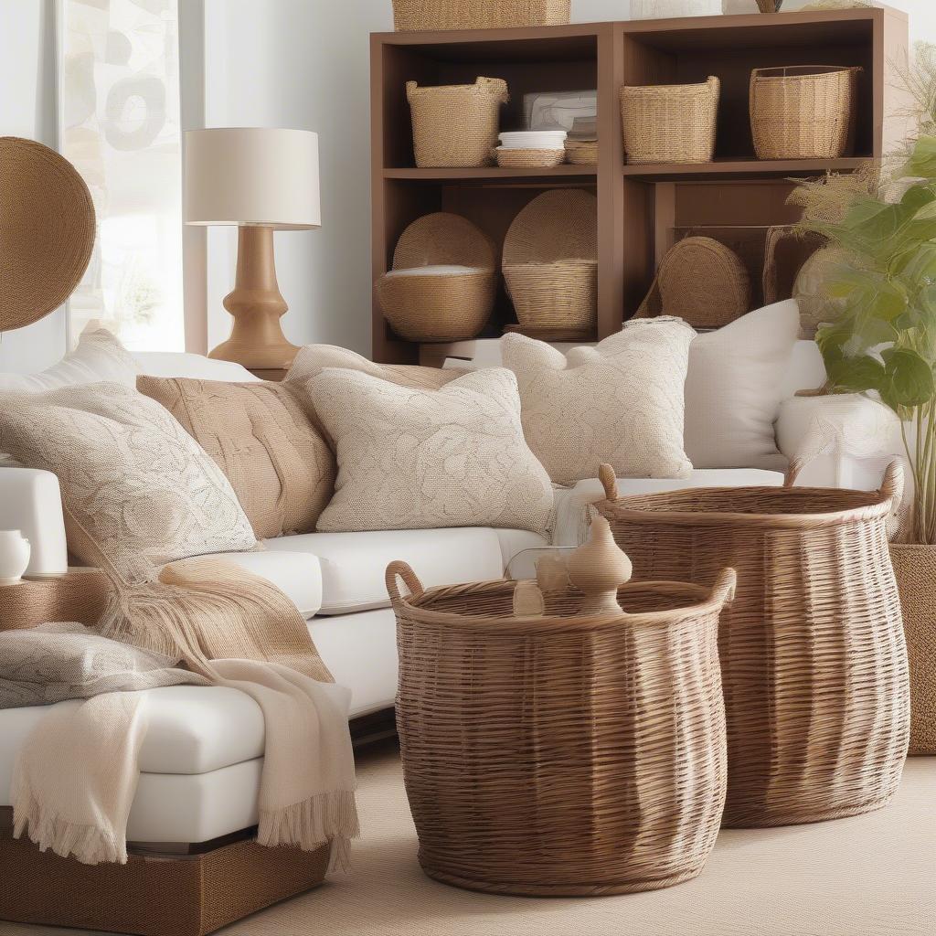 Custom wicker storage baskets in a living room setting