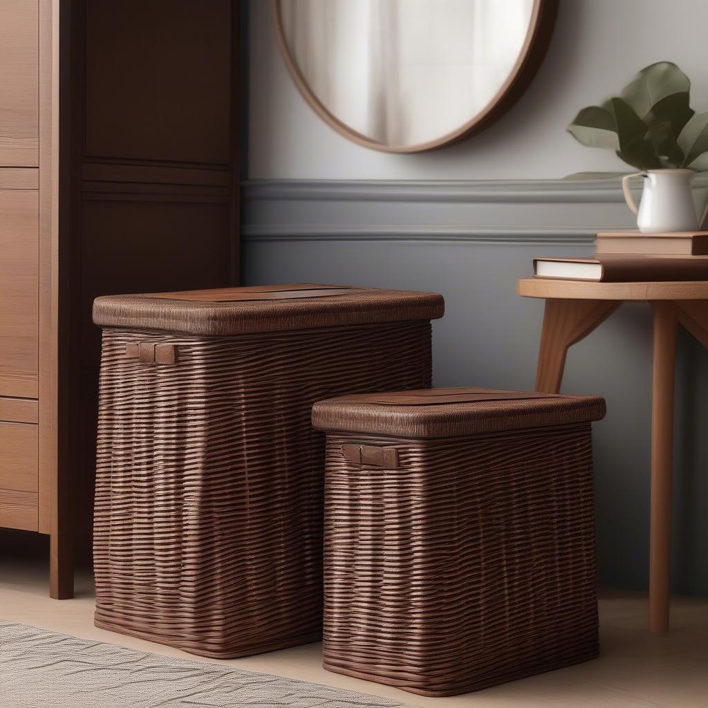 Dark brown wicker basket lid neatly placed on a storage basket in a living room setting