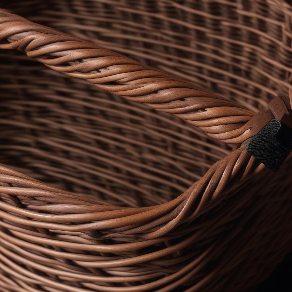 Close-up of a dark brown wicker basket lid with a convenient handle