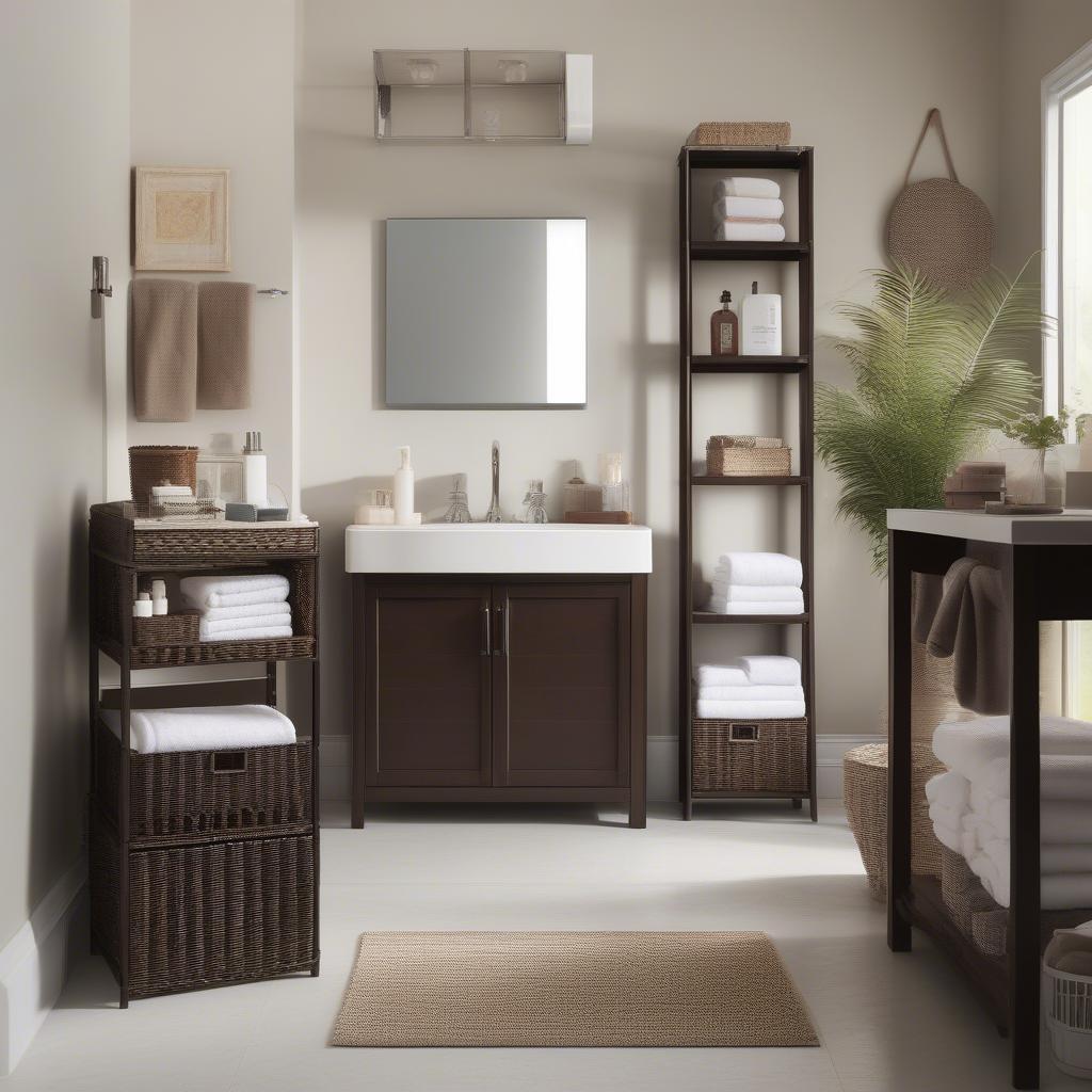 Dark brown wicker storage cubes used in a bathroom to store towels and toiletries.