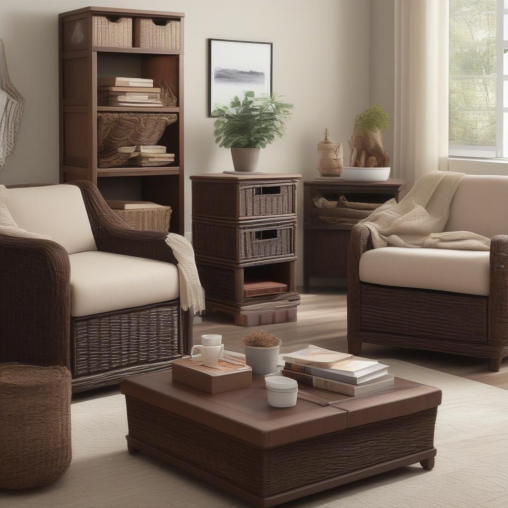 Dark brown wicker storage cubes in a living room setting, showcasing their versatility and style.